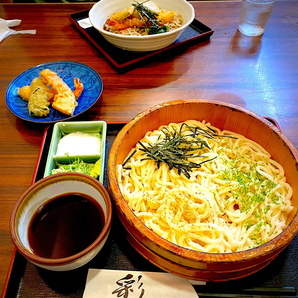 6月26日　昼ごはん　　たらいうどんと天ぷら、海老おろし蕎麦|yakinasuさん