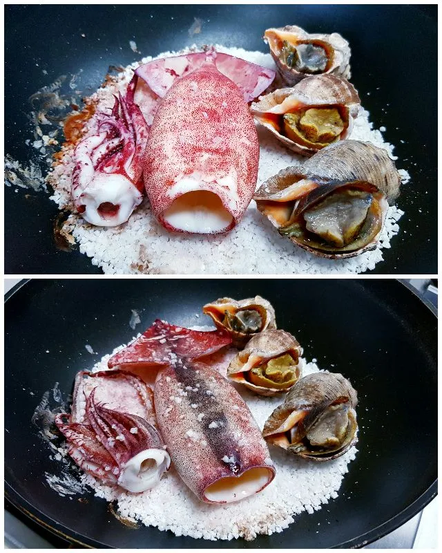 grilled squid and oyster snails over coarse salt|steven z.y.さん