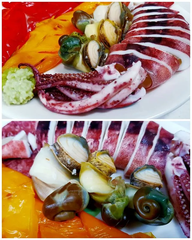 grilled squid and oyster snails over coarse salt|steven z.y.さん