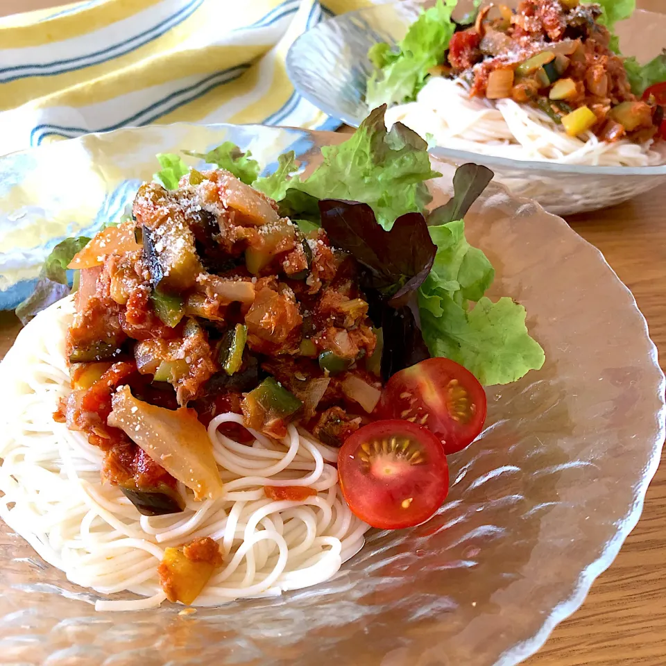 Snapdishの料理写真:ツナ缶入りラタトゥイユの素麺|あここさん