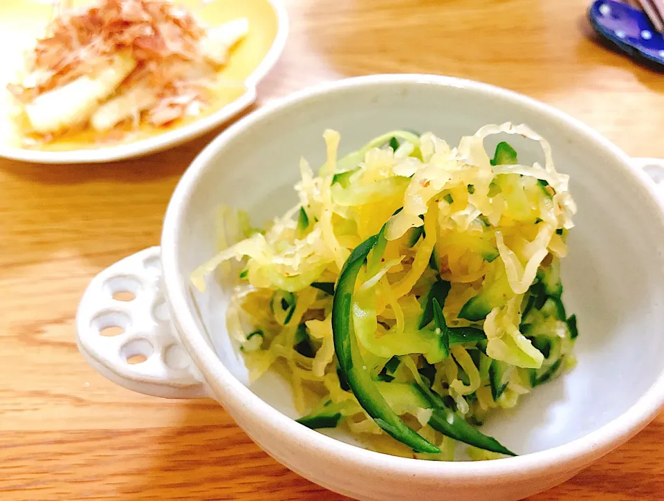 Snapdishの料理写真:そうめんかぼちゃときゅうりの酢の物|saimaricoさん