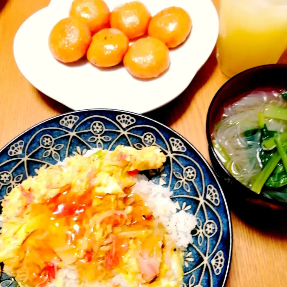 天津飯 春雨スープ にんじん餃子|いちみさん