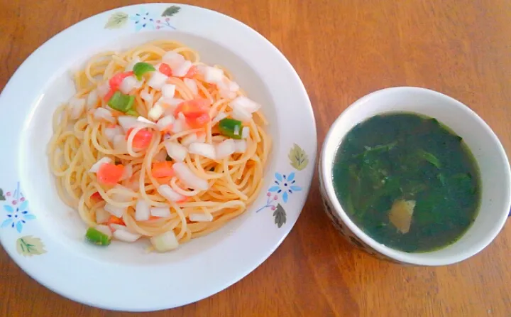 ６月２９日　サルサの冷製パスタ　ほうれん草とベーコンのスープ|いもこ。さん