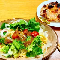 Snapdishの料理写真:サラダうどんとレモンチキン|ちこさん