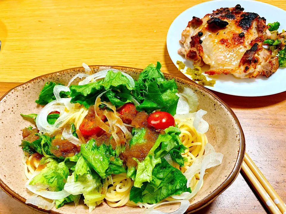 Snapdishの料理写真:サラダうどんとレモンチキン|ちこさん