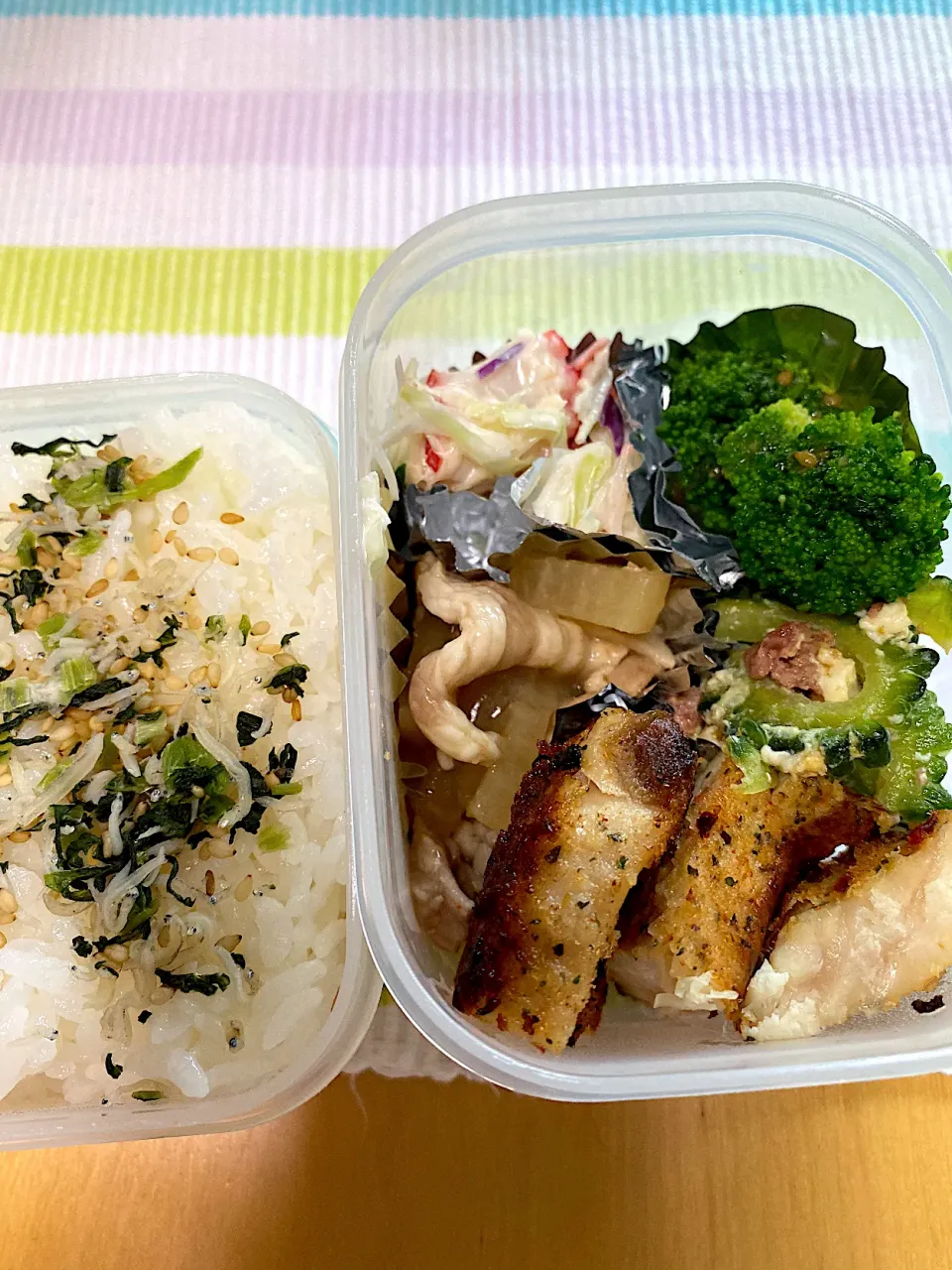 マンダイフライ　カニカマサラダ　大根の煮物　ゴーヤチャンプル　ブロッコリー🥦 弁当|Kumiko Kimuraさん