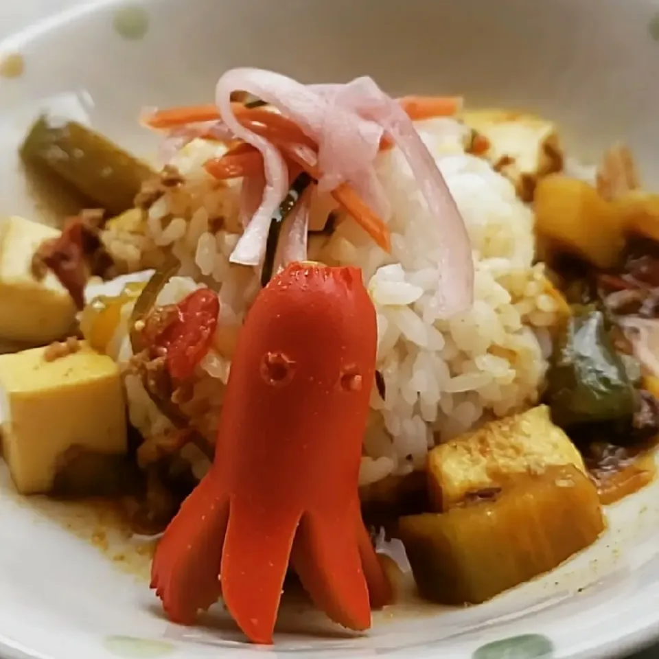 ナスと豆腐の中華風牛キーマカレーwithタコさんウインナー🐙|ふじわらたくやさん