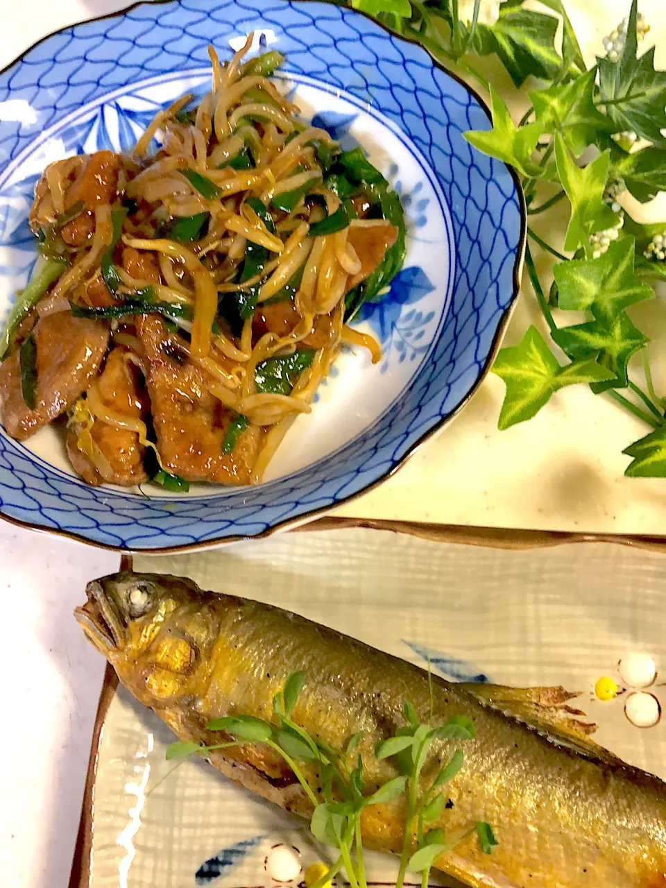 あゆの塩焼きと豚肉レバーのニラもやし炒め😋|みゆきさん