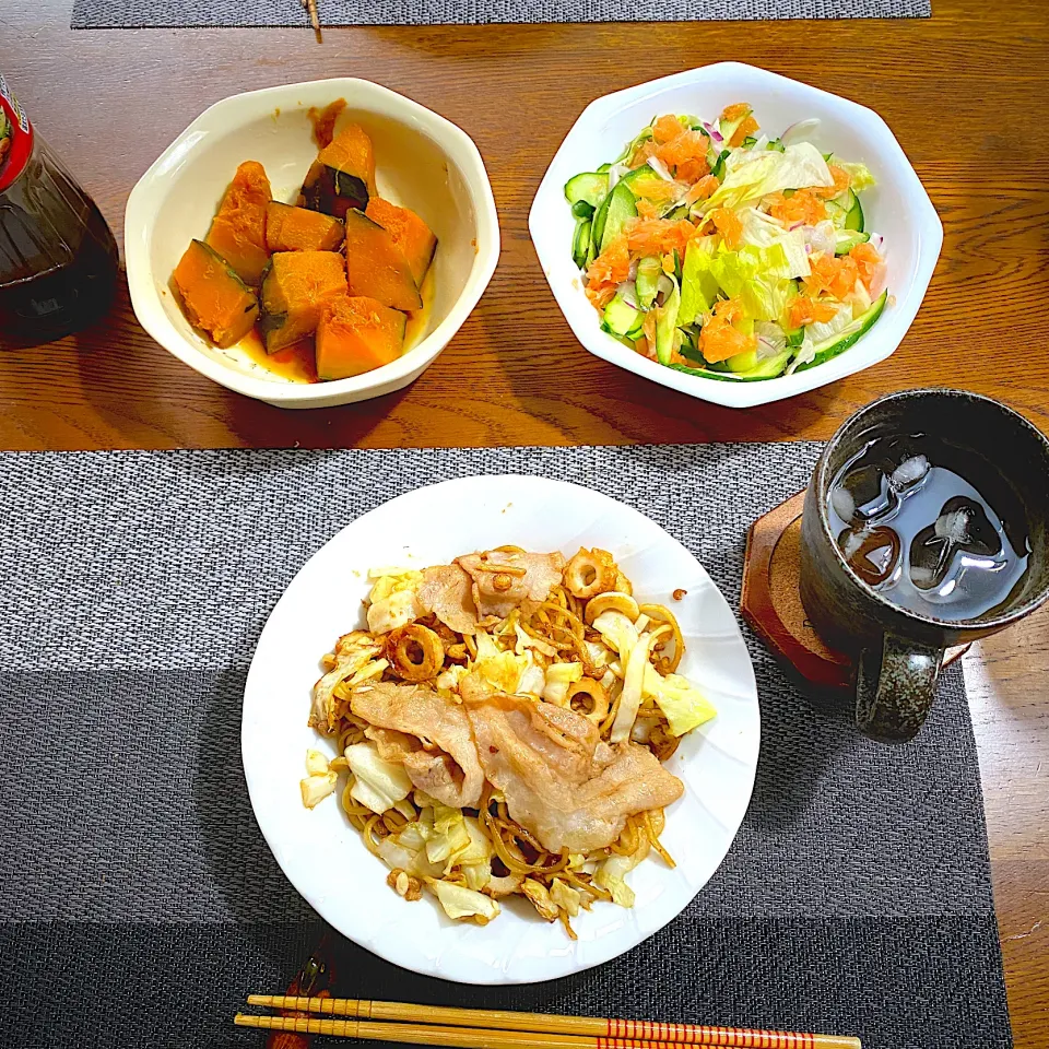 7月2日  昼ごはん  ソース焼きそば、南瓜煮物、サラダ|yakinasuさん