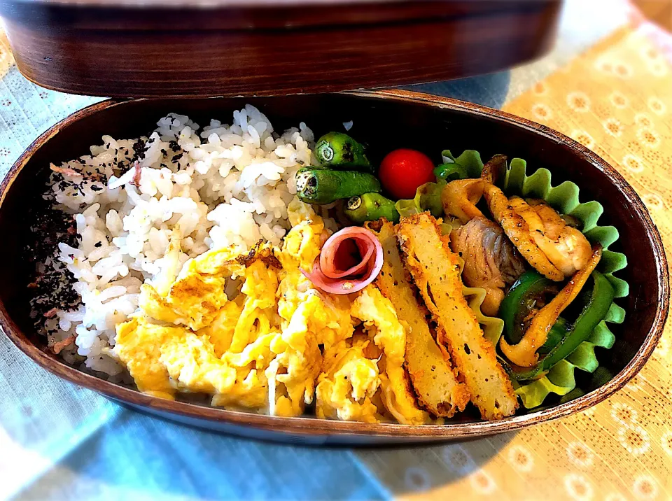 Snapdishの料理写真:サラ弁　　　　　　　　　　　　　　　　　ちりめんの卵とじ　豚とピーマンの炒め煮　焼きシシトウ　カレー天|じゅんさんさん