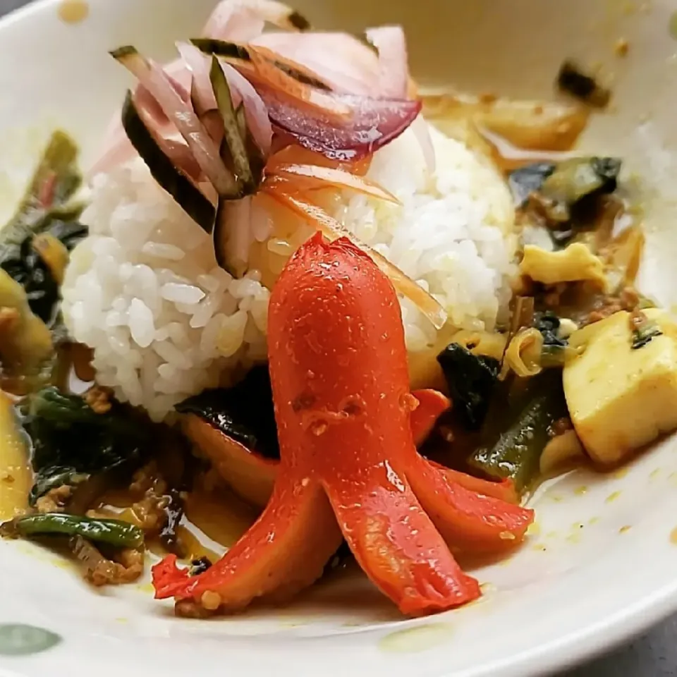 ほうれん草とゴボウの牛豚キーマカレーwithタコさんウインナー🐙|ふじわらたくやさん