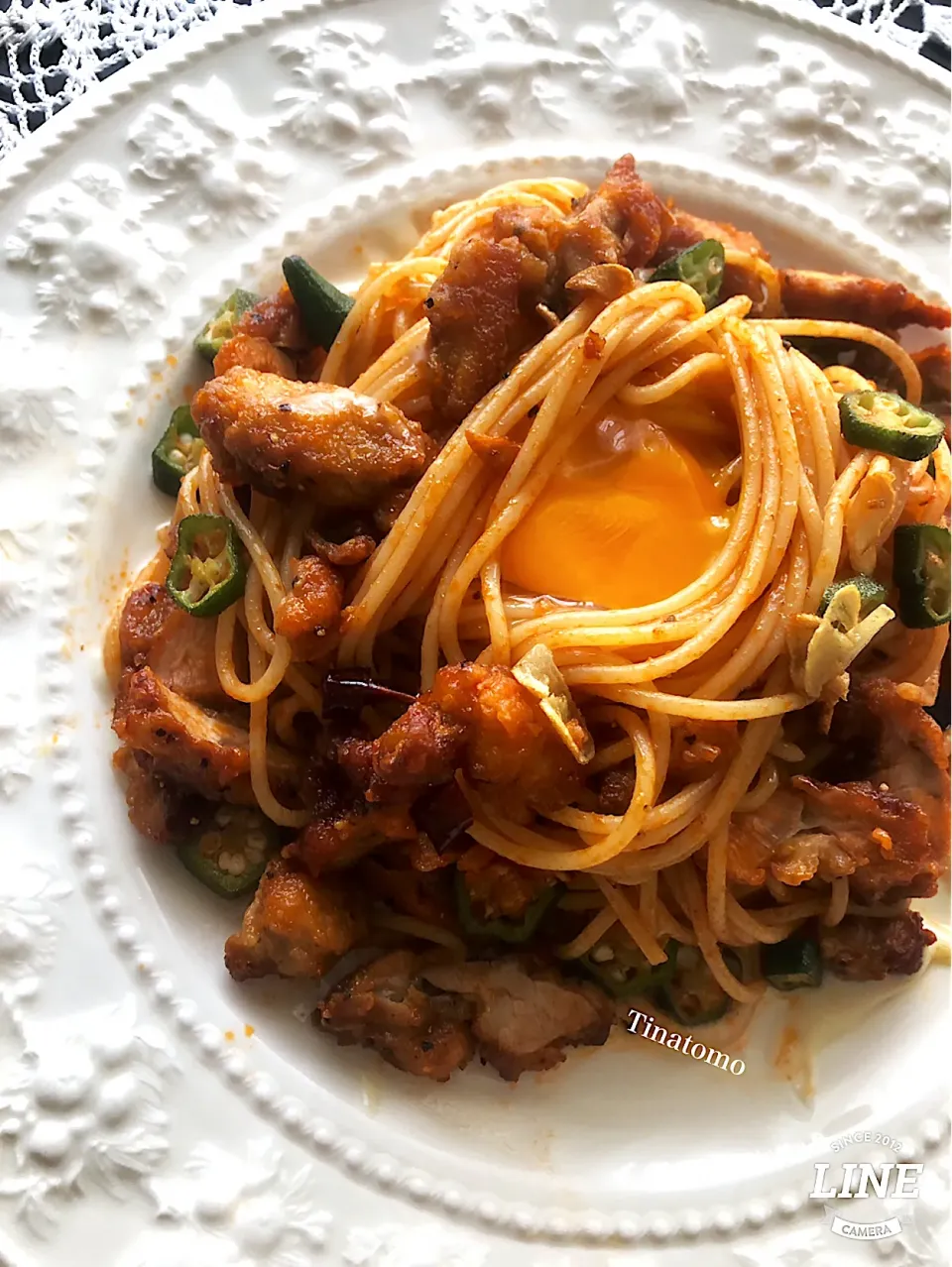 オクラとカレー風味唐揚げのパスタ✩.*˚|Tina Tomoko😋さん