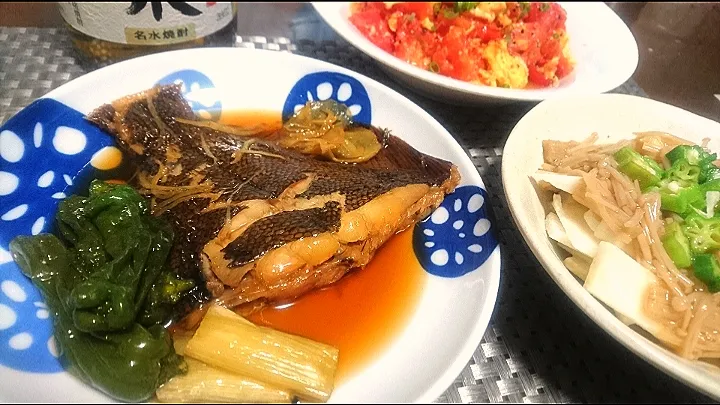 Snapdishの料理写真:鰈  煮付け🐟
  長芋・オクラ・手作りなめ茸✴️|びせんさん