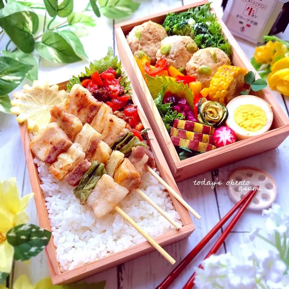 Snapdishの料理写真:夏野菜と焼き鳥弁当🌿|asamiさん