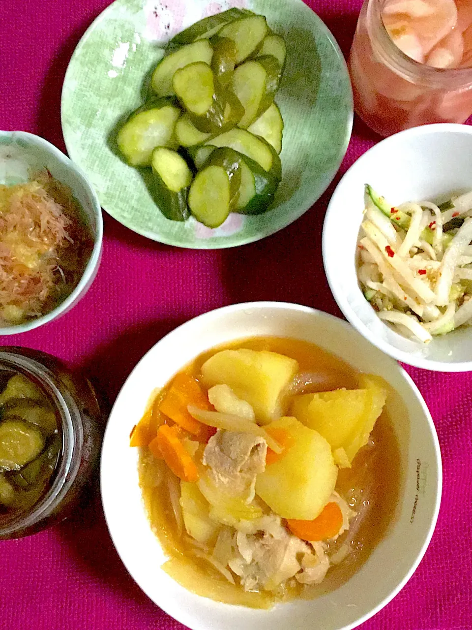 Snapdishの料理写真:肉じゃが　大根と胡瓜🥒のナムル　焼き茄子　糠漬け　キュウちゃん漬け　生姜の酢漬け|掛谷節子さん