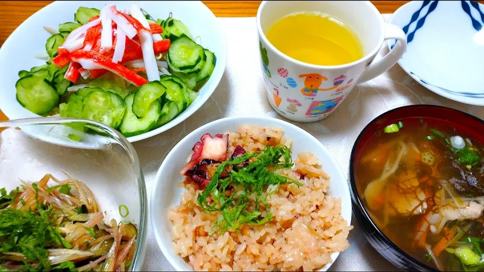 7/5の夕食
タコ飯🐙と野菜のおかず|卯月さん