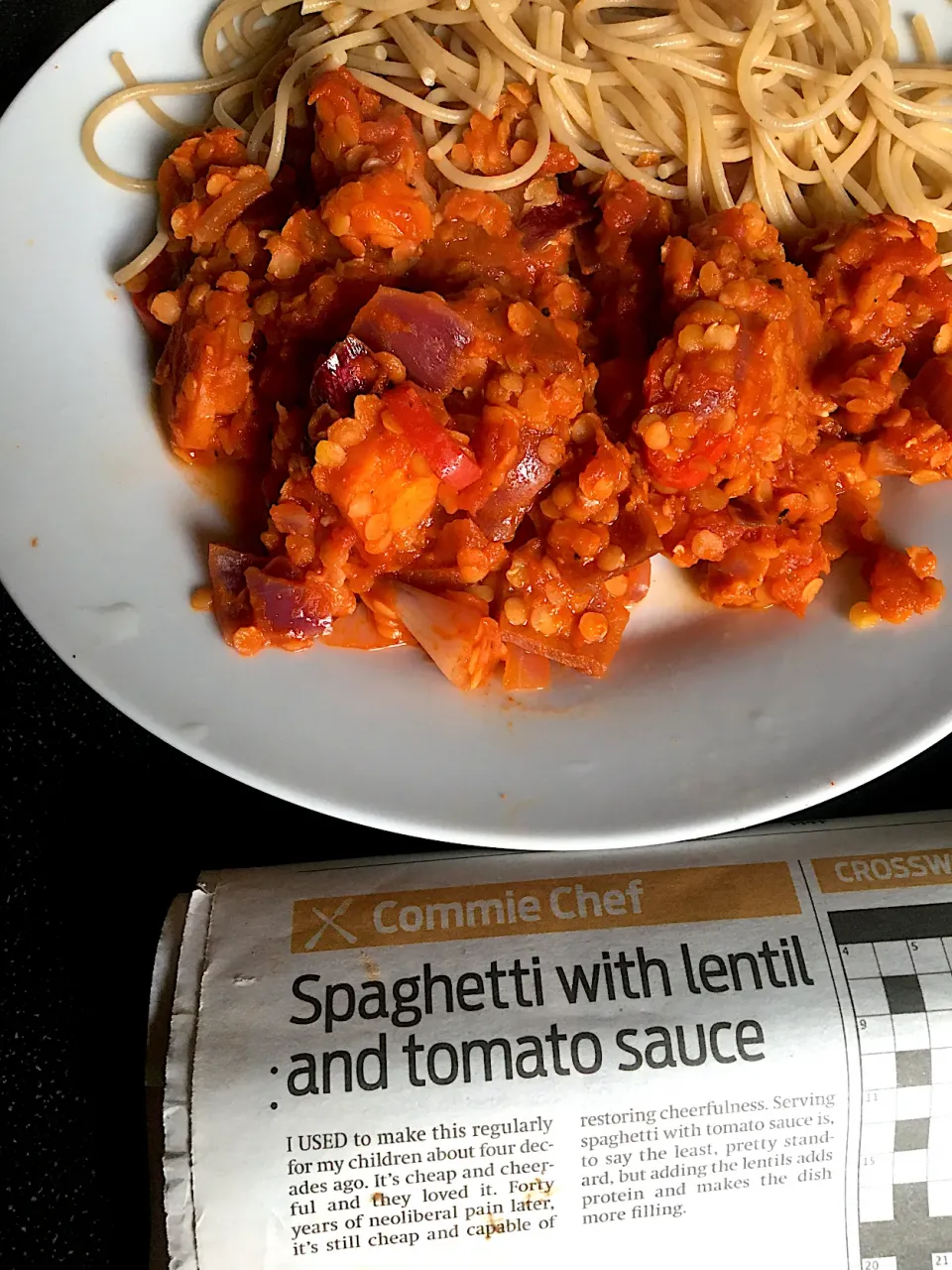 Spaghetti with lentil & tomato sauce (Morning Star’s Commie Chef recipe)|Nick Hiderさん