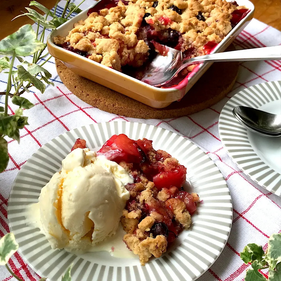 Snapdishの料理写真:⚠️危険❣️危険❣️要注意‼️ 熱々焼き立て赤と紫の果実のクランブルに　冷たいアイスクリーム添え🍨熱くて冷たくてサクサクでトロトロ甘酸っぱい💦危険なデザート🍎🍑🍇🍒|Hollyさん