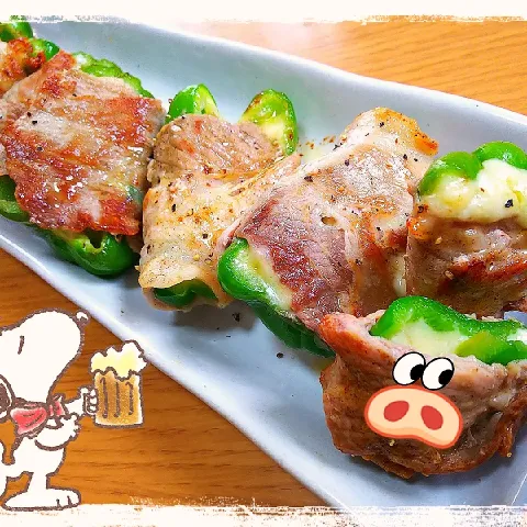 「ピーマン」を使ってみたSnapdishの料理・レシピ写真:🐷ピーチーぶぅちゃん焼き🐷
ピーマンのチーズin豚肉巻き焼き