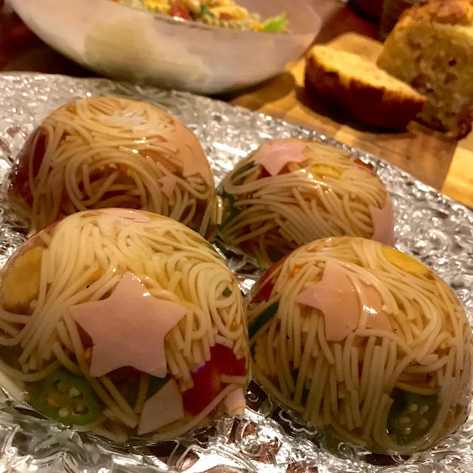 Snapdishの料理写真:たなばたの日のそうめん寒天よせ|mokoさん