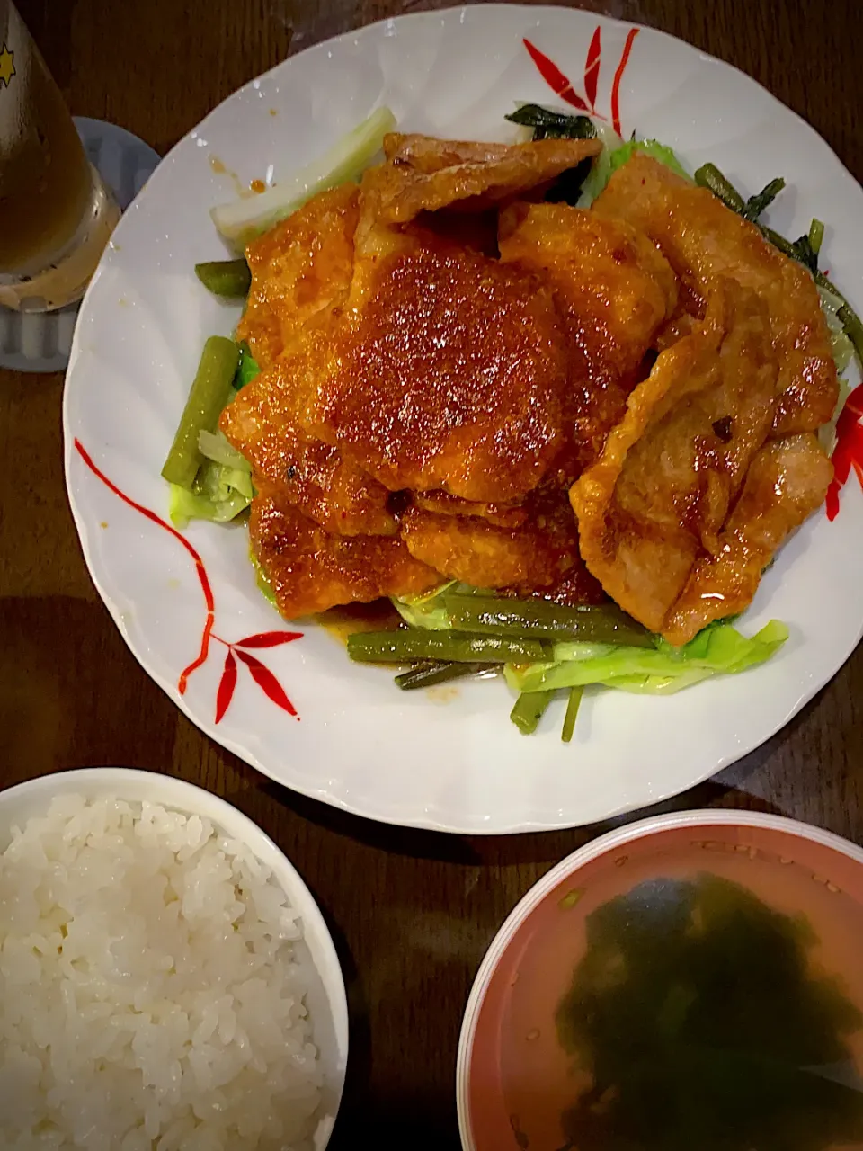 Snapdishの料理写真:空芯菜とキャベツと豚肉の回鍋肉　わかめと胡麻スープ　麦茶|ch＊K*∀o(^^*)♪さん