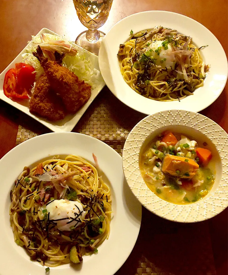 Today's dinner🍴梅大葉鯵ﾌﾗｲ･ﾍﾞｰｺﾝときのこの和風ﾊﾟｽﾀw/温玉･三平汁|🌈Ami🍻さん