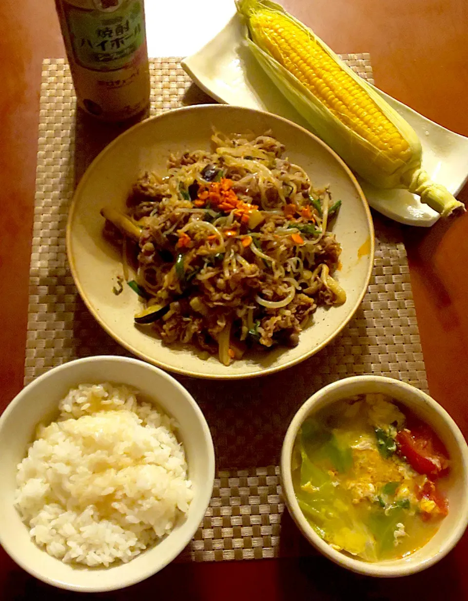 Today's dinner🍴蒸しとうもろこし･白滝ﾁｬﾌﾟﾁｪw/5香粉香るｺﾗｰｹﾞﾝｿｰｽ･白飯･ﾄﾏﾄ&ﾚﾀｽかき卵ｽｰﾌﾟ|🌈Ami🍻さん