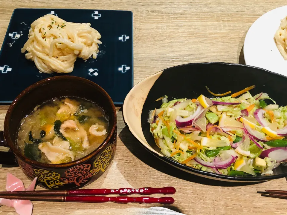 鮭の味噌汁・タラポテうどん・中華サラダレモン風味|🇦🇺OZ🇦🇺さん