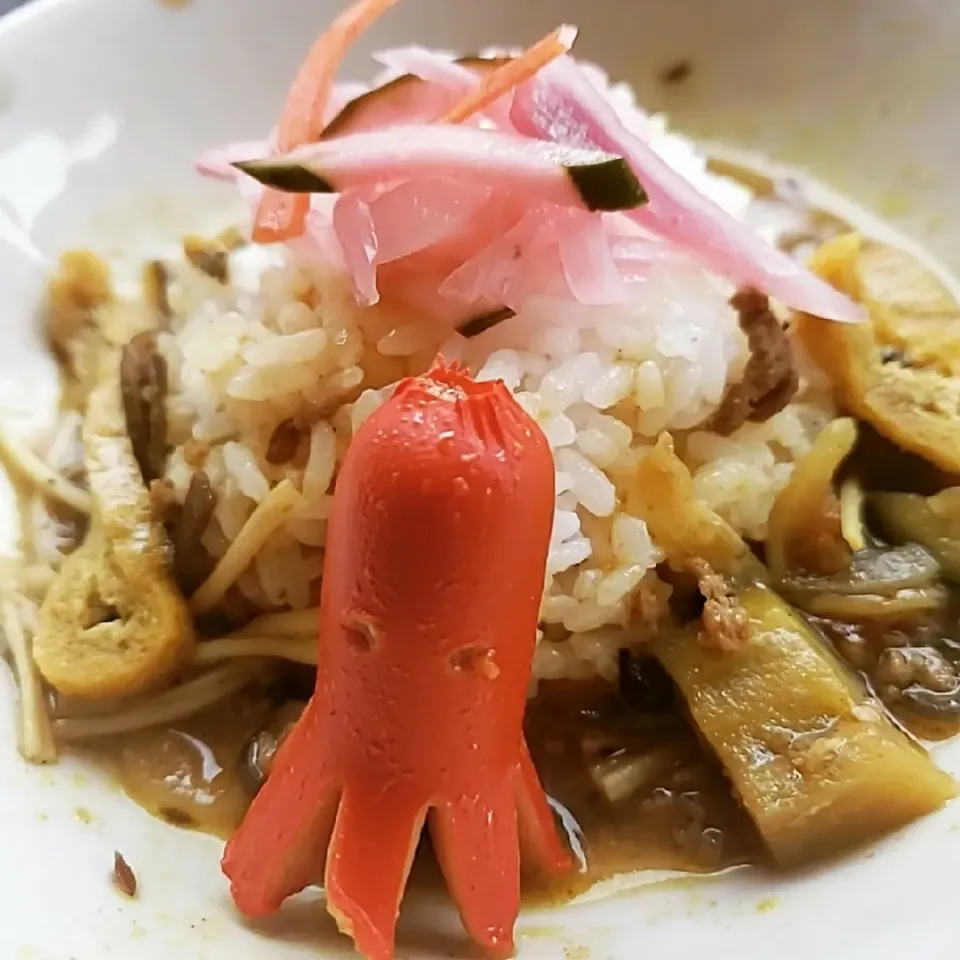 ナスとエノキと薄揚げのビーフキーマカレーwithタコさんウインナー🐙|ふじわらたくやさん