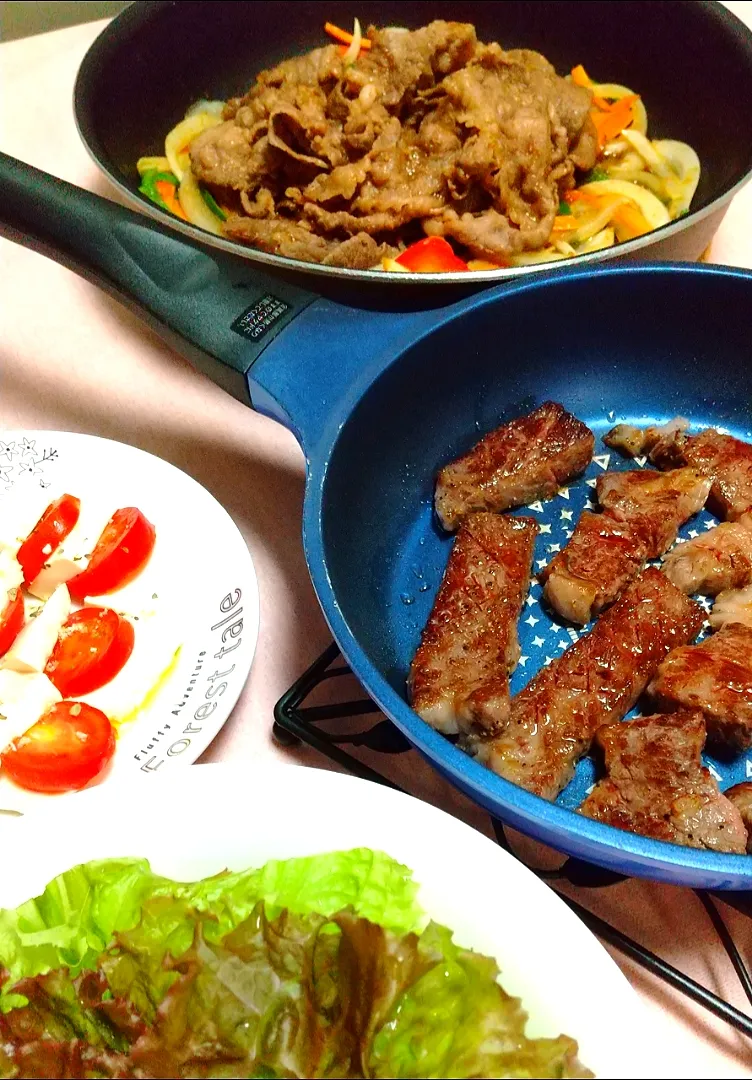 ☆今日の晩ごはん☆　焼き肉炒め　ステーキ　豆腐サラダ|hamamaさん