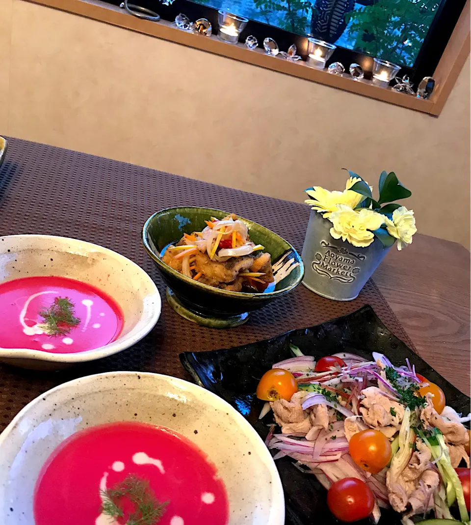 Snapdishの料理写真:黒むつの南蛮漬け、ビーツポタージュスープ、豚しゃぶ|izunさん