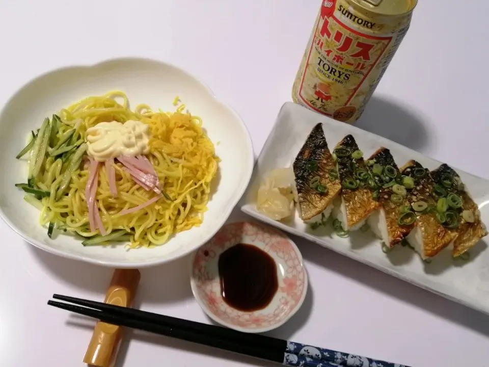 ミニ冷やし中華と、焼き鯖寿司|Kojiさん