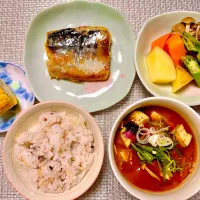 Snapdishの料理写真:今日の晩御飯🍚さばの西京焼き🐟野菜の炊き合わせ🥕蒸しとうもろこし🌽|ゆきりんさん