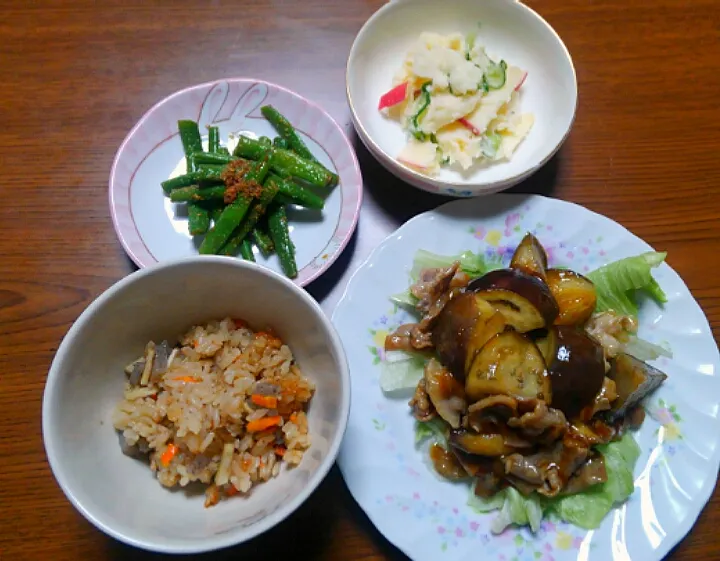 ７月９日　茄子と豚肉の甘酢炒め　いんげんの胡麻和え　ポテトサラダ|いもこ。さん