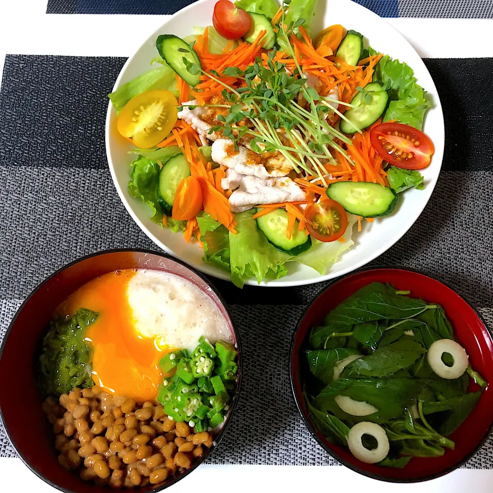 冷しゃぶサラダ・ネバネバ丼・お吸い物|sanaeさん