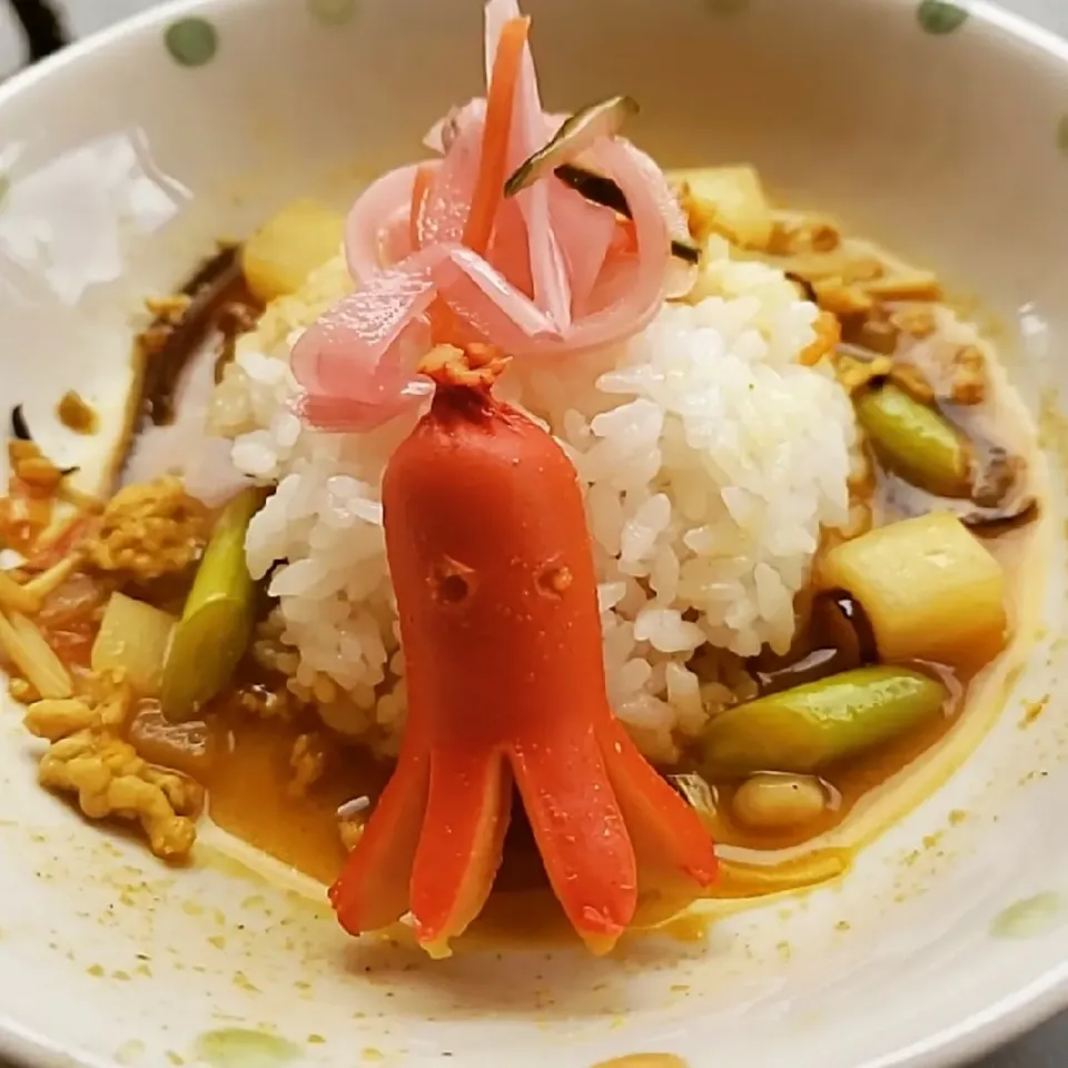 アスパラ大根のチキンキーマカレーwithタコさんウインナー🐙|ふじわらたくやさん