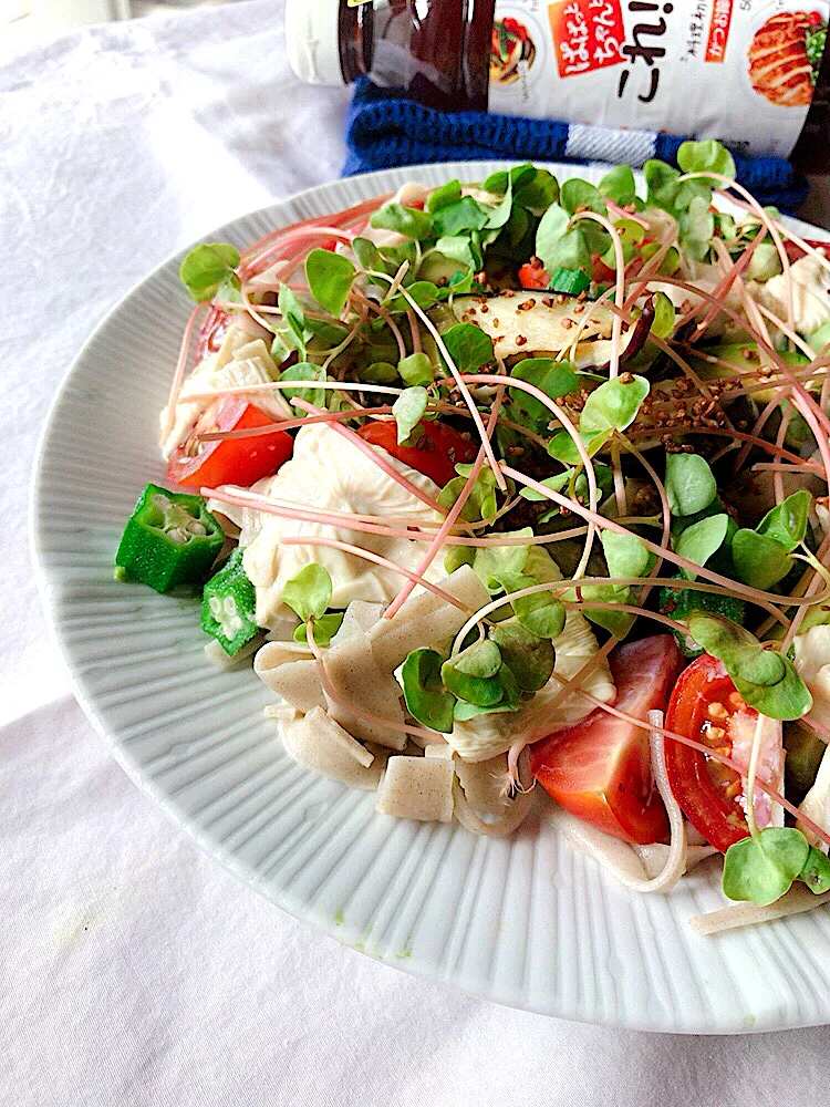 マダム とんちんの料理 湯葉と夏野菜のふし麺冷製和風サラダ🥗~これうまつゆと豆乳で絶品　#蕎麦活|とんちんさん