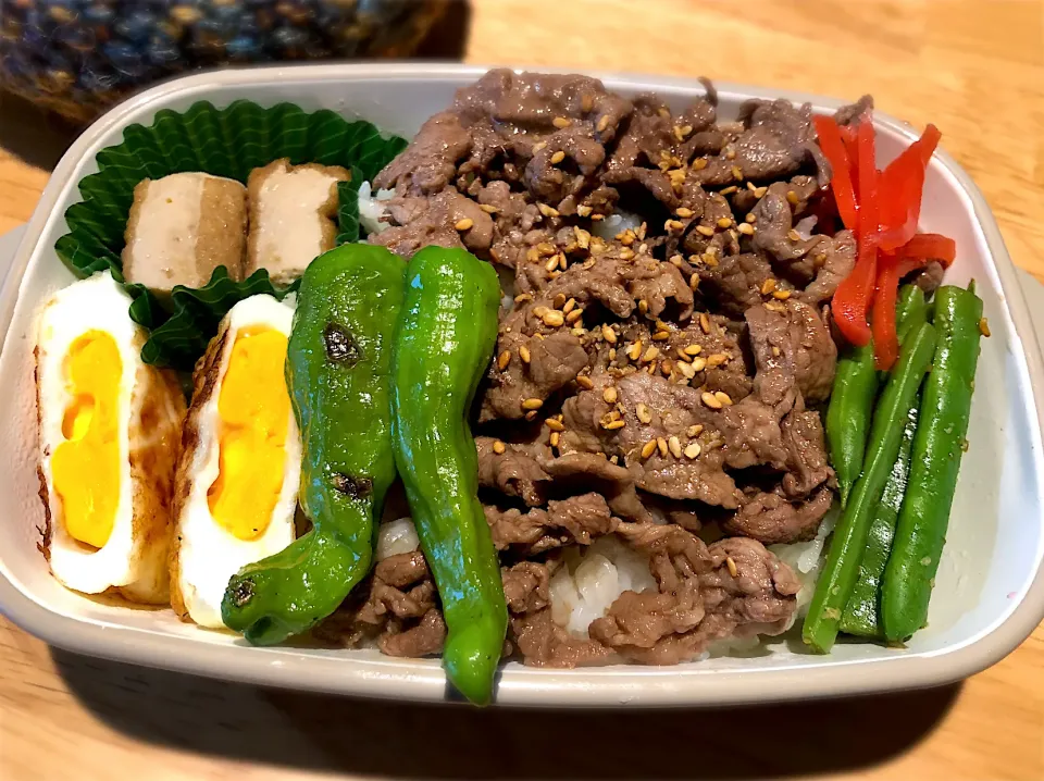 サラ弁　　　　　　　　　　　　　　　　　牛丼　目玉焼き　インゲン豆の胡麻酢和え　　厚揚げ煮物　シシトウ塩焼き|じゅんさんさん