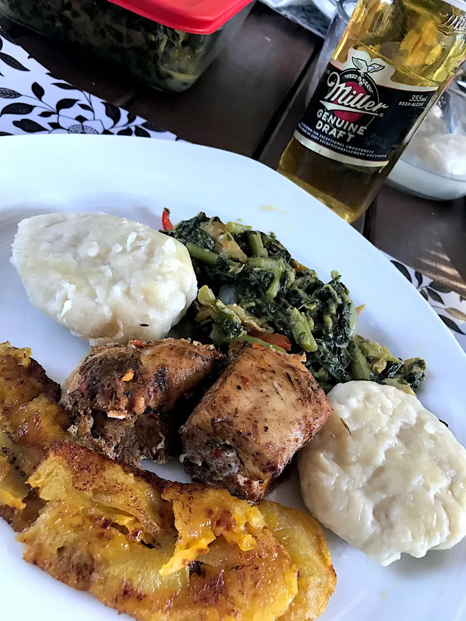 Callaloo Jerk Chicken Plantain and Boiled dumpling|T.E.Dennisさん