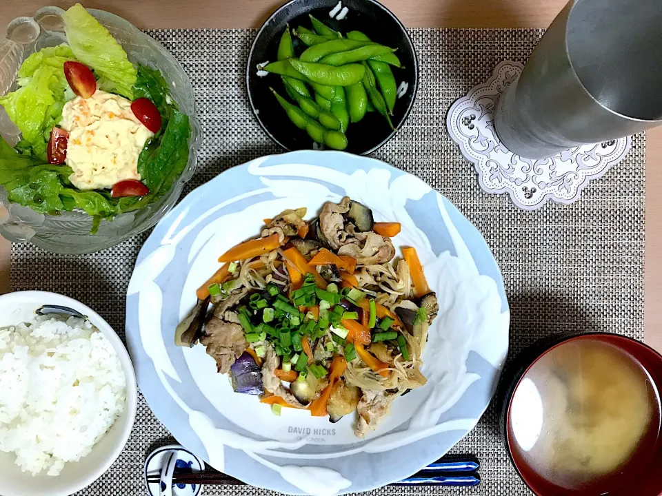 夜　なすと豚肉のにんにくポン酢炒め|ssssskkkkkさん