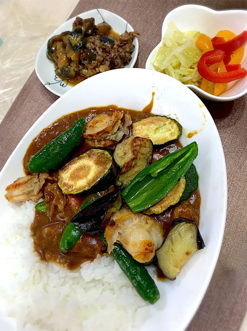 夏野菜カレー/キャベツとパプリカのピクルス/牛肉と茄子の味噌炒め|ミルさん