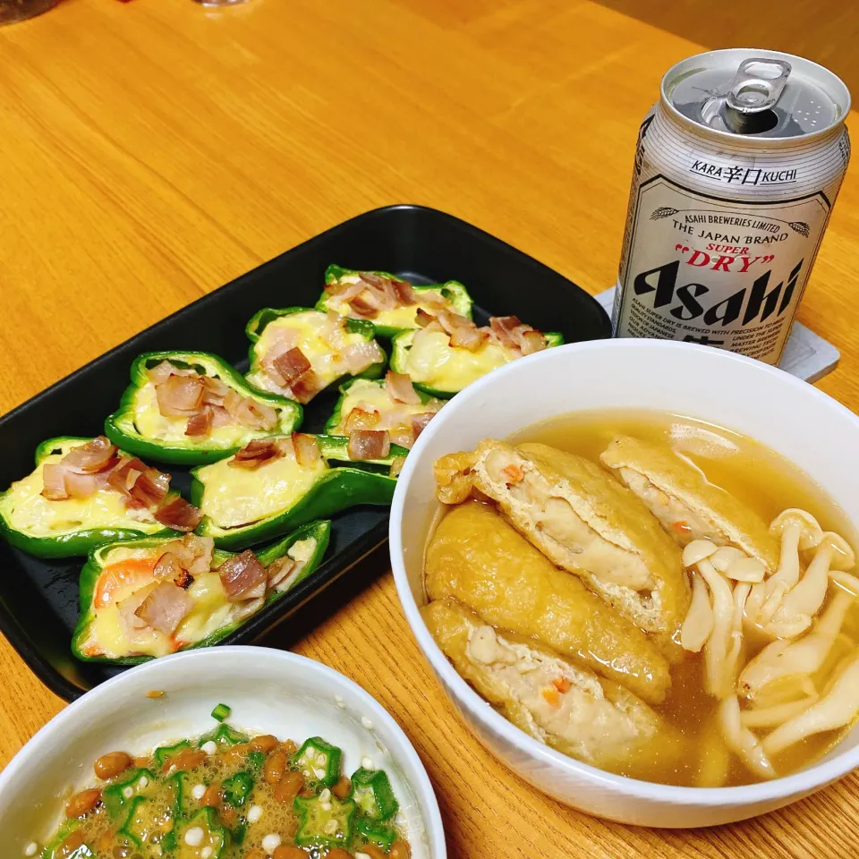 ‪ピーマンのポテサラ詰め焼き‬
‪お揚げの肉詰め煮‬
‪オクラ納豆‬
‪味噌汁は大根と乾燥野菜‬|naoさん