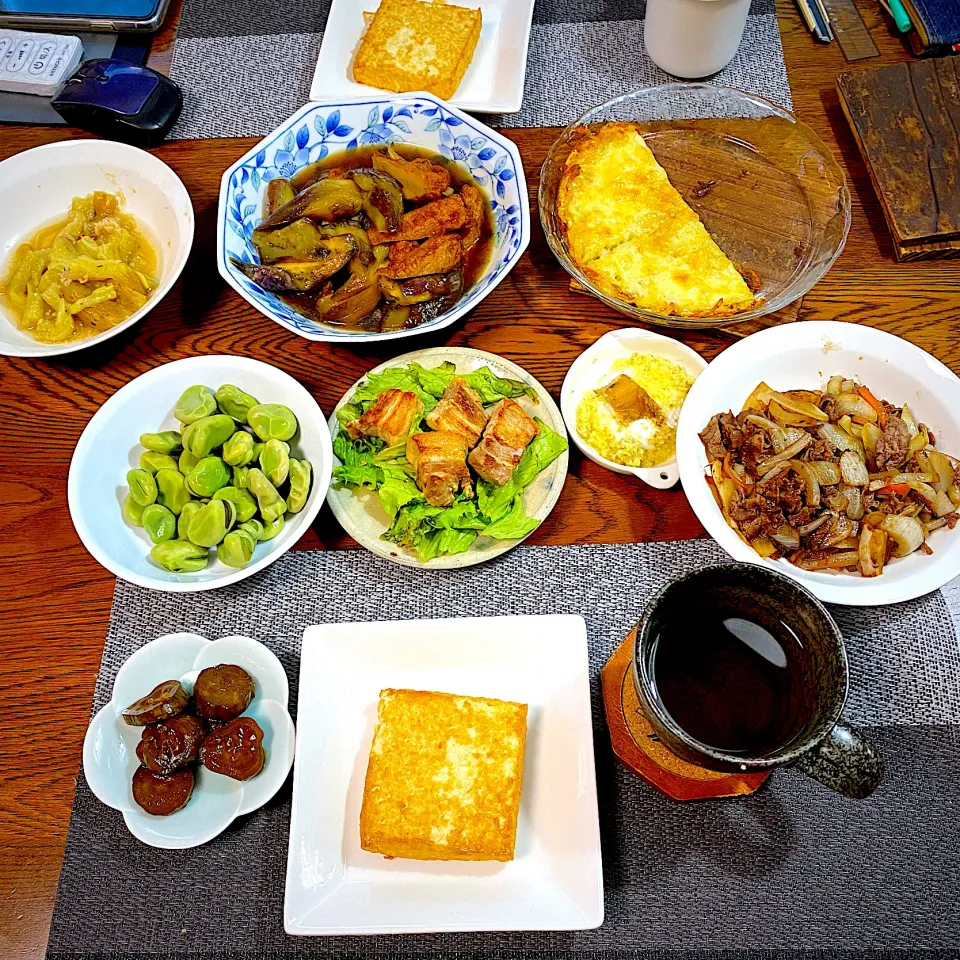 茄子と牛蒡天の煮付け、厚揚げ素焼き、茹でそら豆、牛コマと玉ねぎ炒め、残り物|yakinasuさん