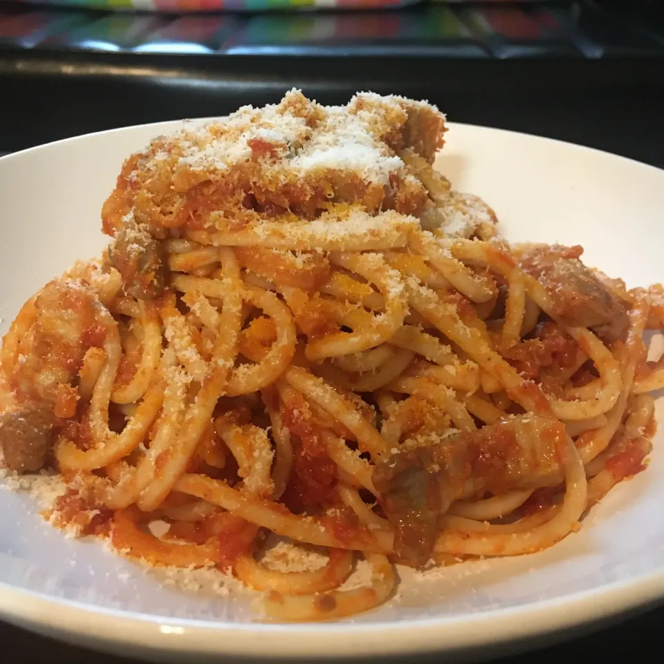 ブッカティーニで塩豚のアマトリチャーナ＊Bucatini all’Amatriciana|Miboさん