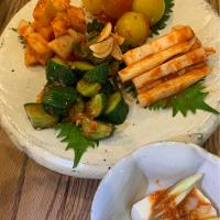 Kimchi night; daikon, cukes, tomatoes, yamaimo & egoma leaves