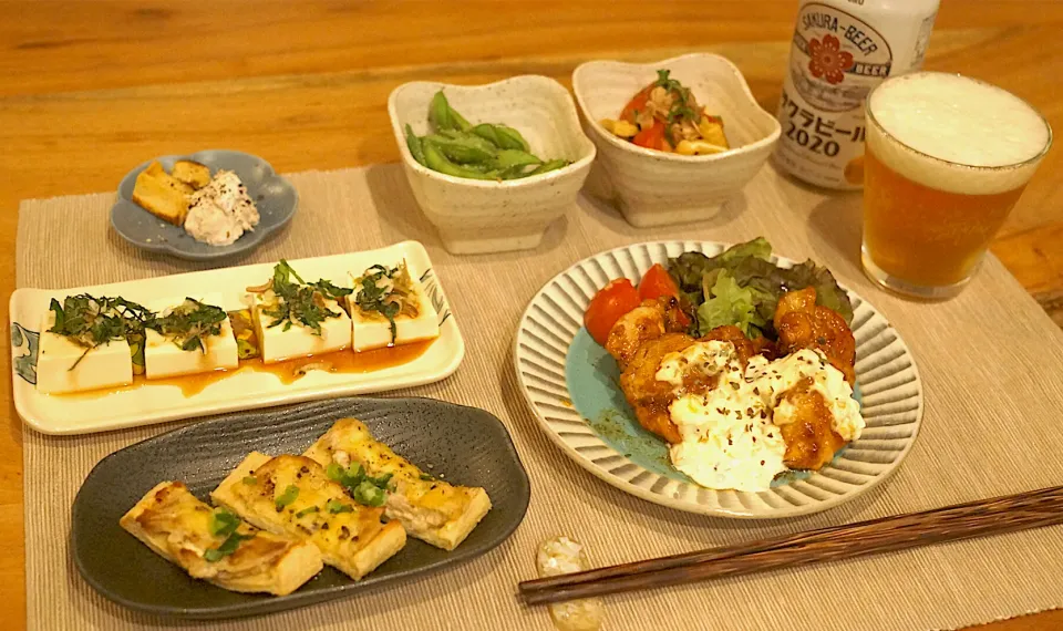 晩酌用ご飯                                                           チキン南蛮風   油揚のツナメルト                  薬味のせ冷奴 枝豆 トマトの和物 |おまつさん