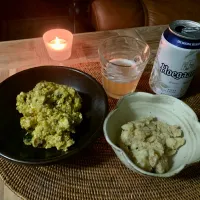 Snapdishの料理写真:かぼちゃのクリーミー白あえ、ごま風味のスパイスポテサラ|buncaさん