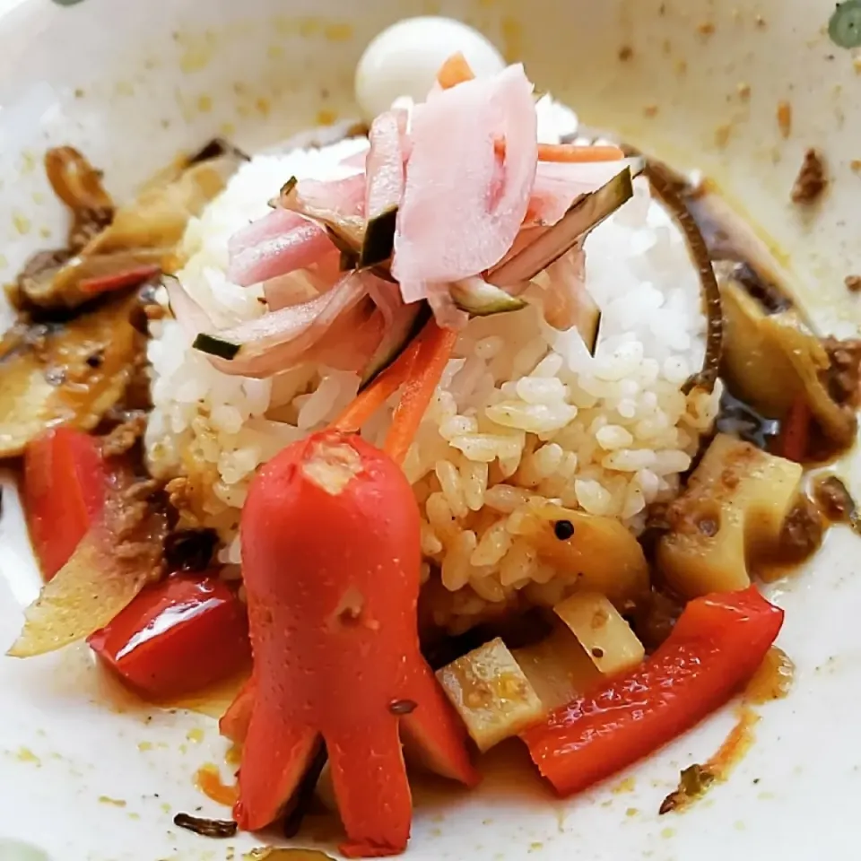 レンコンと椎茸と赤パプリカの牛豚キーマカレーwithタコさんウインナー🐙|ふじわらたくやさん