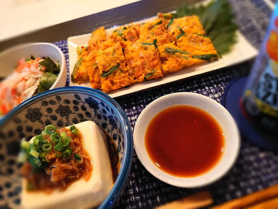 ★小料理屋ちえこ　お品書き★
🍶韮と納豆とキムチの韓国風チヂミ
🍶七味なめ茸豆腐
🍶わかめとキュウリとカニかまの酢の物|☆Chieco☆さん