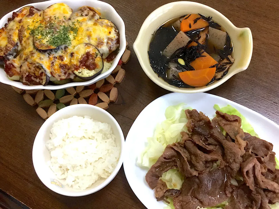 牛焼肉、ひじきの煮物、なすとポテトのラザニア|りかさん